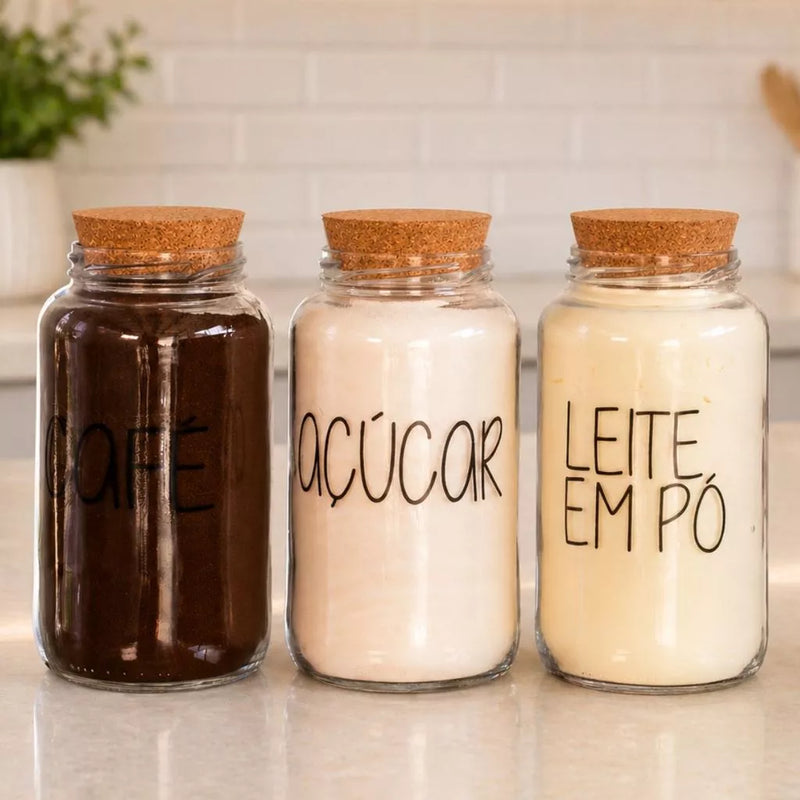 Kit Cantinho do Café + Açúcar + Leite em pó | 3 potes de Vidro 810 ml + tampa rolha cortiça| Pote Mantimento